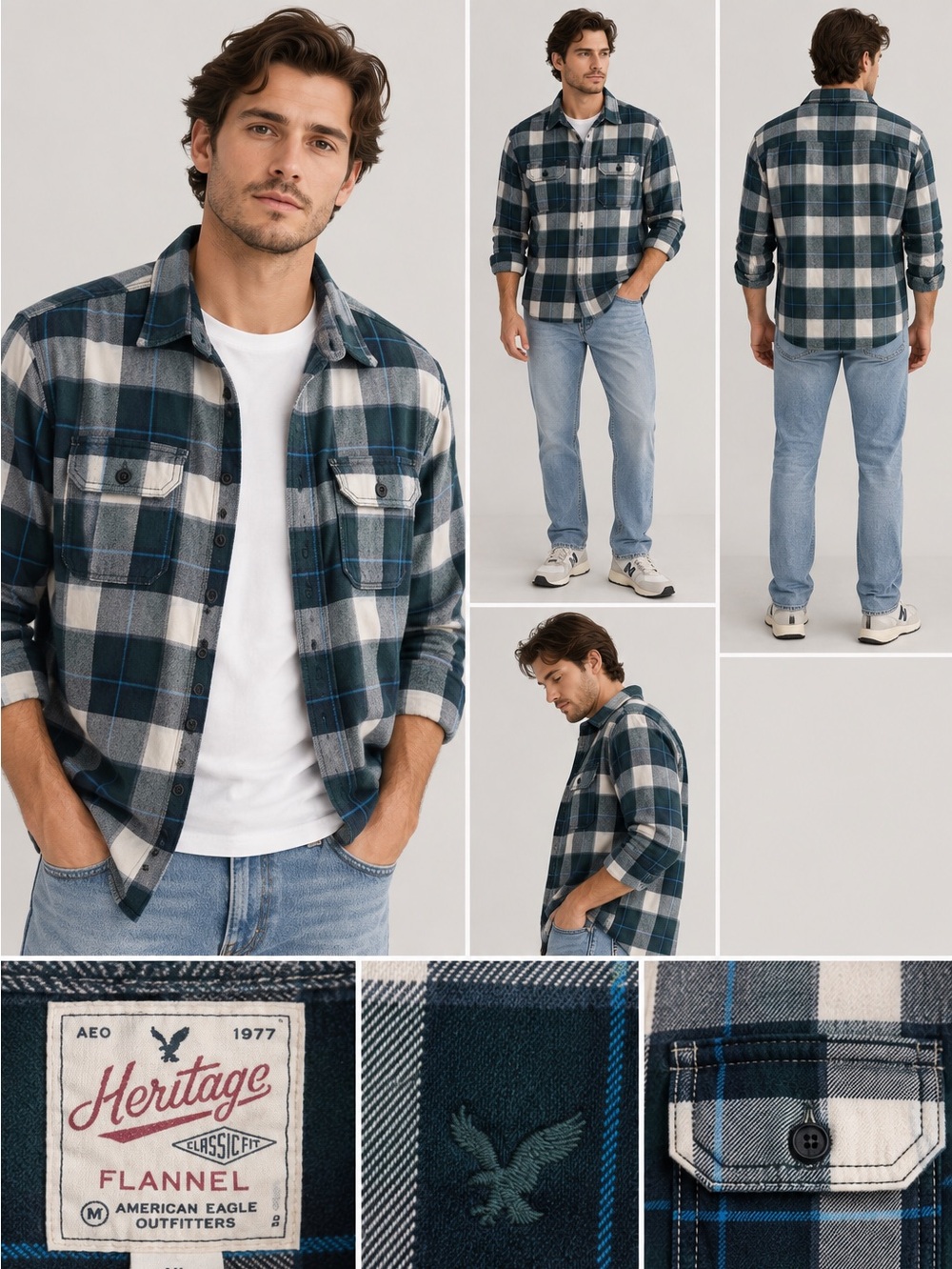 American Eagle Heritage Plaid Flannel Shirt XL Green Blue Classic Fit
